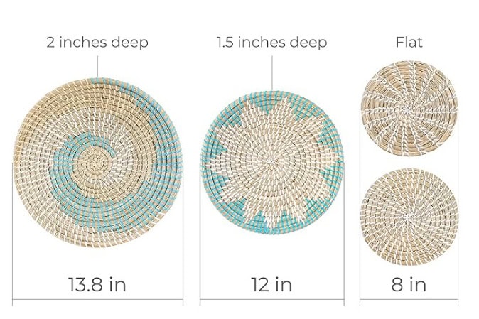 Detailed image showing the depth and width of the four pieces in the seagrass wall decor set, with measurements for each basket