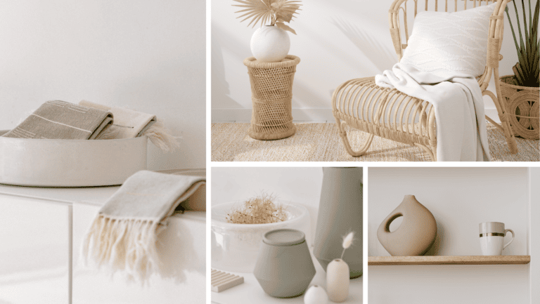 Collage of a neutrals color scheme home decor featuring beige tones, chic grays, and coastal-inspired elements.