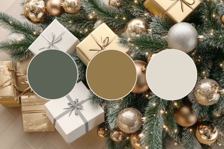 A beautiful flat-lay of sage green, gold, and neutral holiday decor featuring wrapped presents, glittery ornaments, and soft greenery with warm white lights.