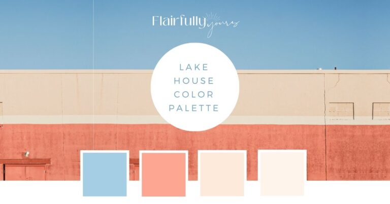 Soft orange and coastal blue lake house color palette with sandy neutrals shown in a color swatch graphic over a minimalist exterior wall and sky background.