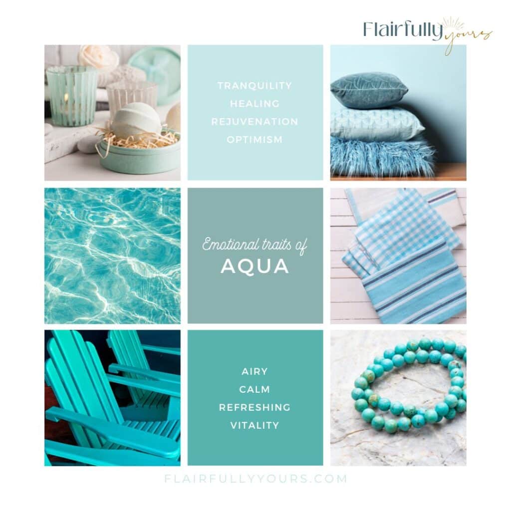 Aqua-themed moodboard for a Mother’s Day gift basket, featuring calming imagery like spa items, ocean water, pillows, and emotional traits like tranquility and vitality.