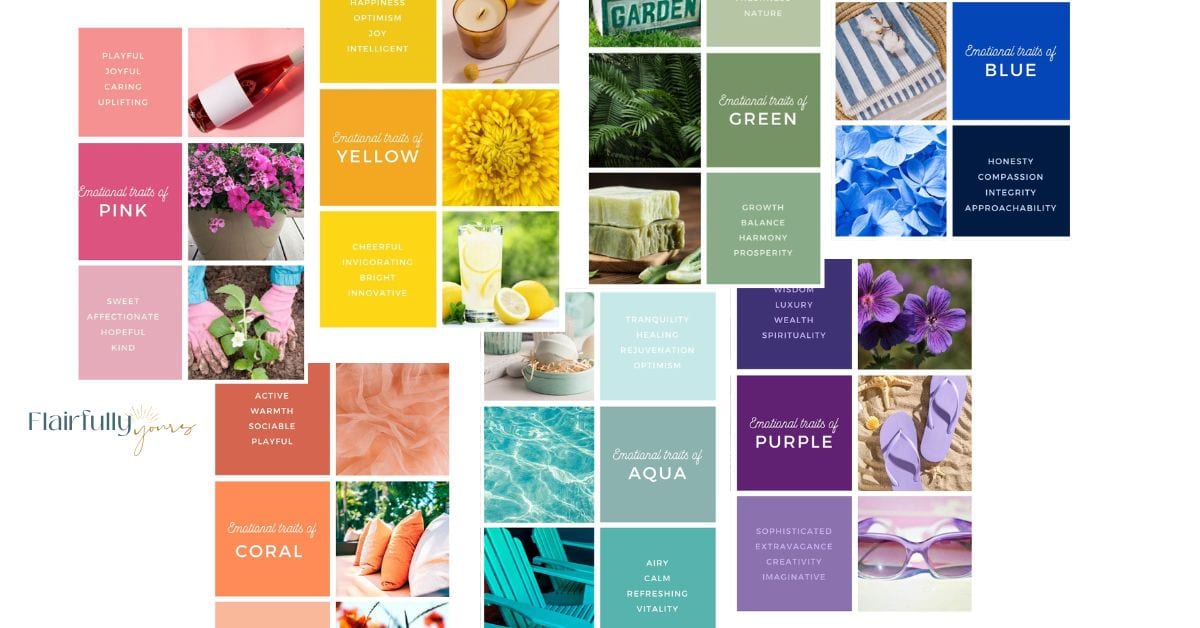 A collage of colorful square images and text blocks showing emotional traits of seven colors—pink, yellow, green, blue, purple, aqua, and coral. Includes photos of flowers, home decor, and gift items alongside keywords like “joy,” “wisdom,” “growth,” and “affectionate.” Flairfully Yours logo is visible on the image.