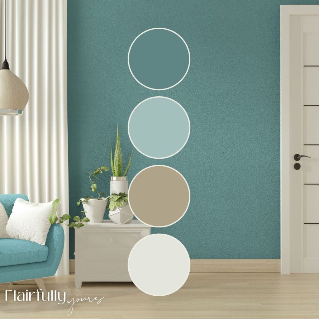 Coastal-inspired living room with bold aqua wall and soft sea-glass accent palette featuring Aquaverde and warm neutrals