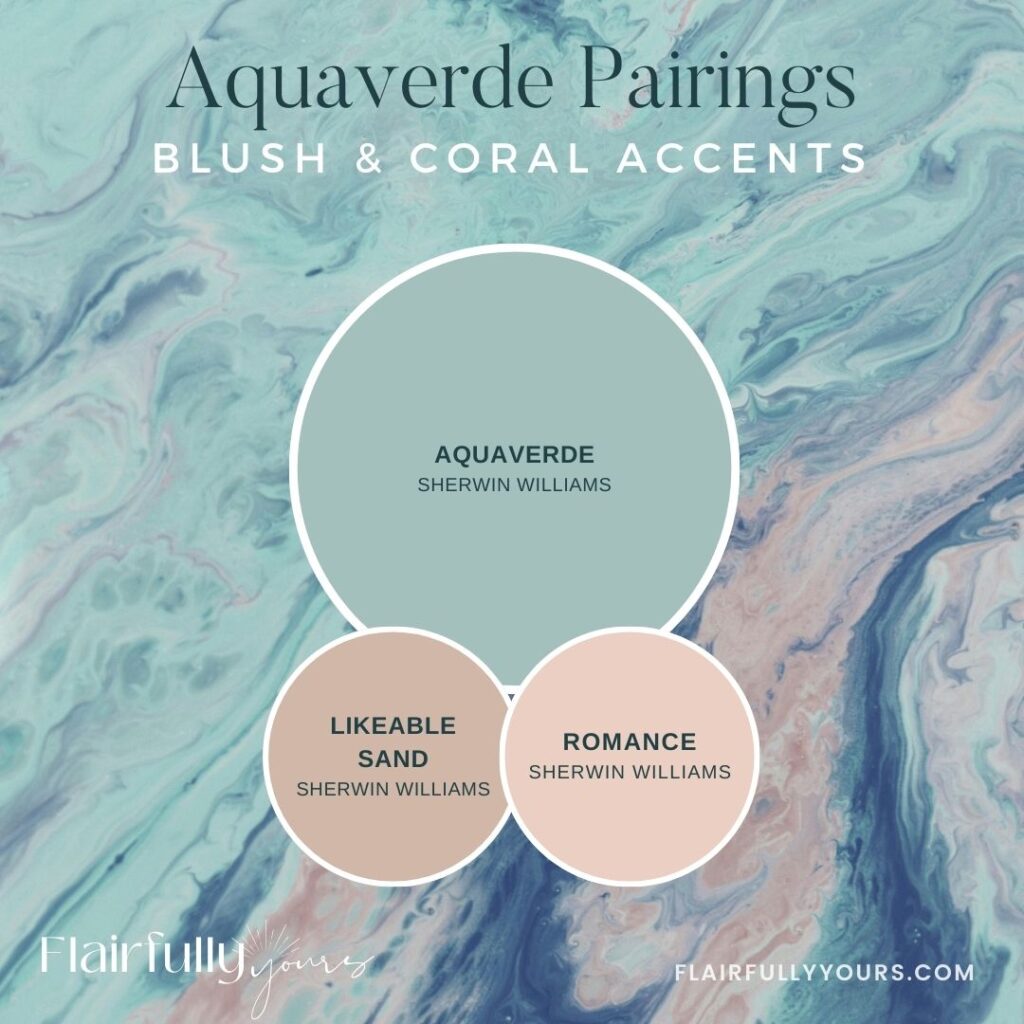Aquaverde Sherwin-Williams color pairing graphic featuring blush and coral accent tones Likeable Sand and Romance on a coastal marbled background