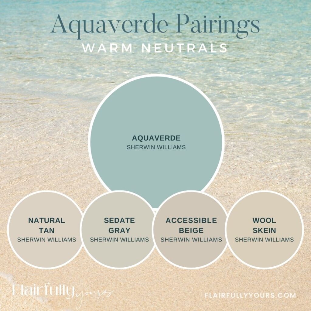 Aquaverde Sherwin-Williams color pairing graphic with warm neutral paint swatches: Natural Tan, Sedate Gray, Accessible Beige, and Wool Skein