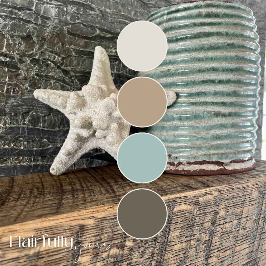 Flatlay-style image featuring Aquaverde with three coastal-inspired complementary paint colors and organic textures including weathered wood and soft green pottery.
