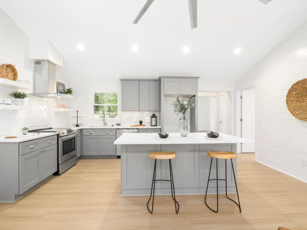 Matte gray painted cabinetry finish with a soft sheen and crisp styling.