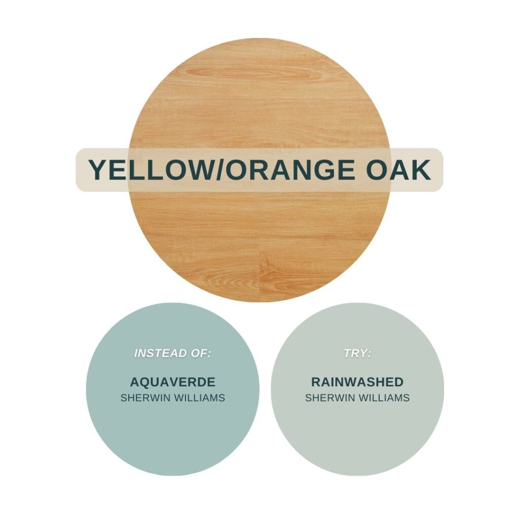 Paint color swap graphic showing Rainwashed instead of Aquaverde for rooms with yellow-toned or golden oak wood