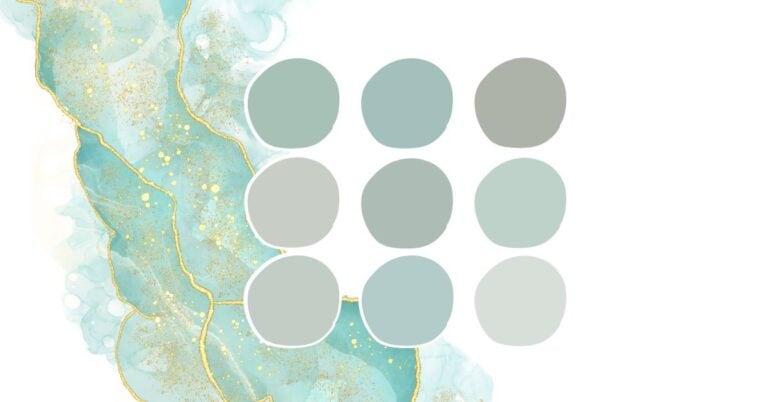 Artistic sea glass green swatch palette overlaid on a watercolor ocean-inspired background with gold veining.