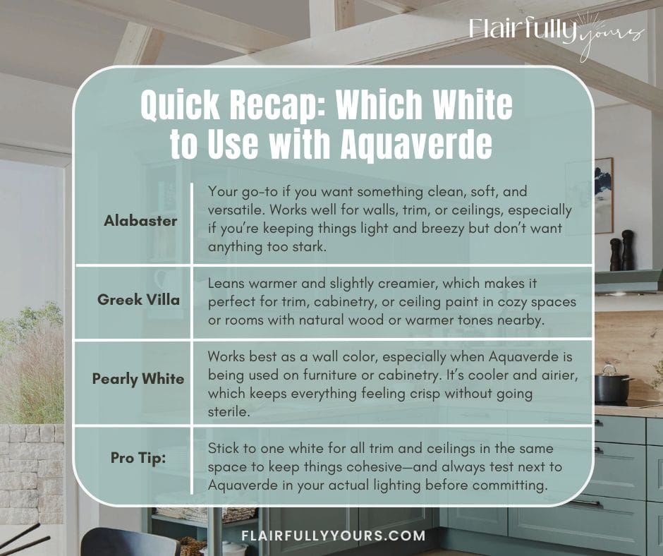 Paint color comparison chart showing which white pairs best with Aquaverde, including Alabaster, Greek Villa, and Pearly White, with usage tips and a pro tip