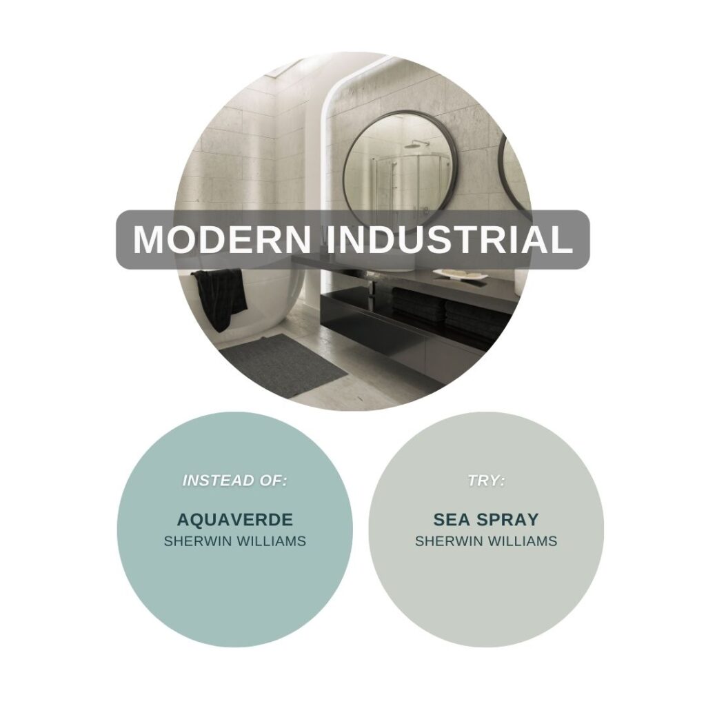 Paint swap graphic showing Sea Spray instead of Aquaverde for sleek, modern interiors with black or chrome