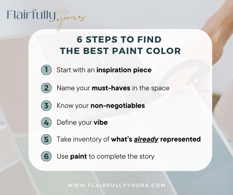 Coastal-inspired graphic listing 6 steps to find the best paint color, with circular icons and modern fonts from Flairfully Yours.