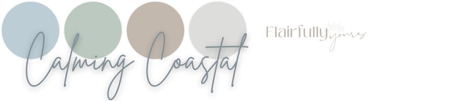 Soft coastal color palette with blue, green, taupe, and light gray circles labeled "Calming Coastal"