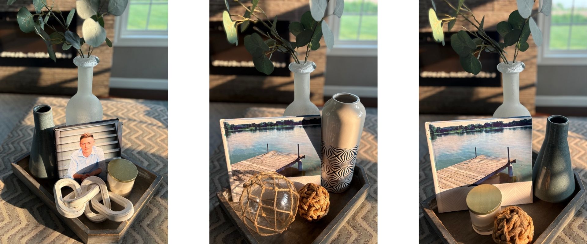 Side-by-side images showing different versions of the same coffee table book decor vignette with swapped books, vases, and accents.