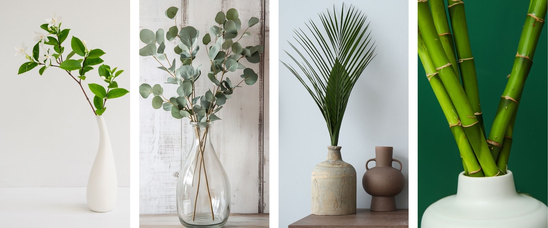 A variety of greenery stems in vases—eucalyptus, palm, bamboo, and a flowering branch—styled as height elements for coffee table book decor.