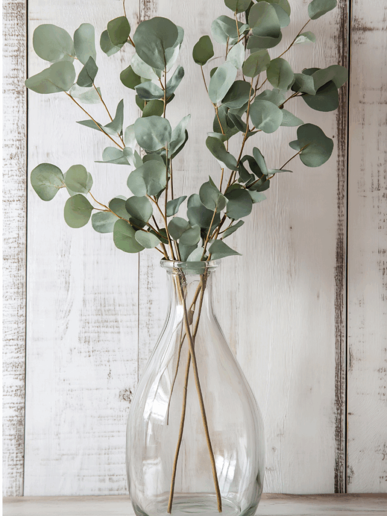 Glass vase with eucalyptus stems—classic greenery choice for coastal coffee table book decor.