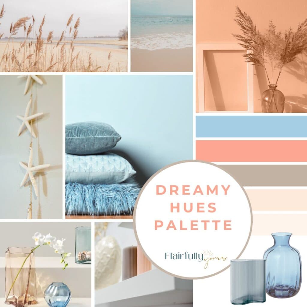 Soft coastal color palette with blue, peach, taupe, and sandy beige tones—great for finding the best paint color for a calm, airy bedroom or guest space.