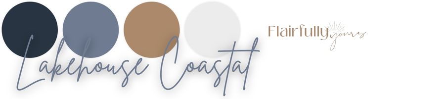 Deep coastal color palette with navy, slate blue, caramel, and off-white circles labeled "Lakehouse Coastal"