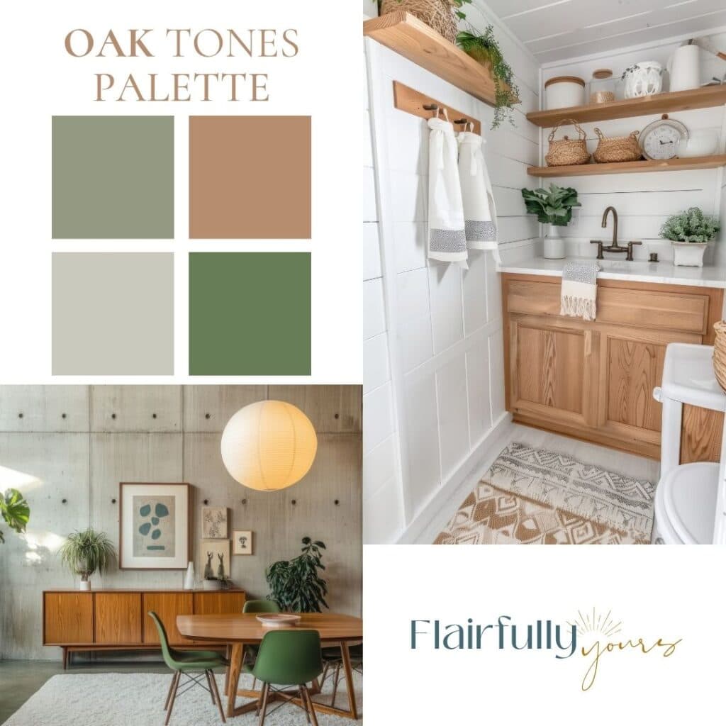 Sage green and clay color palette designed for interiors with oak cabinetry and warm wood tones—an updated take on interior paint colors that complement golden oak.