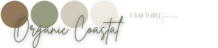 Earthy coastal color palette with brown, olive green, beige, and cream circles labeled "Organic Coastal"