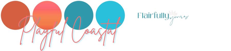 Bright coastal color palette with coral, sunset pink, aqua, and turquoise circles labeled "Playful Coastal"