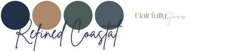 Moody coastal color palette with navy, warm tan, forest green, and charcoal circles labeled "Refined Coastal"