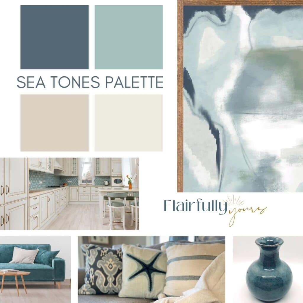 Coastal interior paint colors featuring ocean blue, soft aqua, creamy white, and driftwood beige—great for kitchens or bathrooms with cool finishes and white cabinetry.