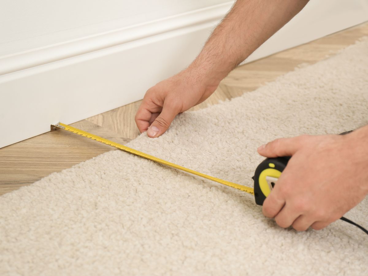 Measuring rug placement on wood flooring—checking dimensions for proper furniture layout and spacing.