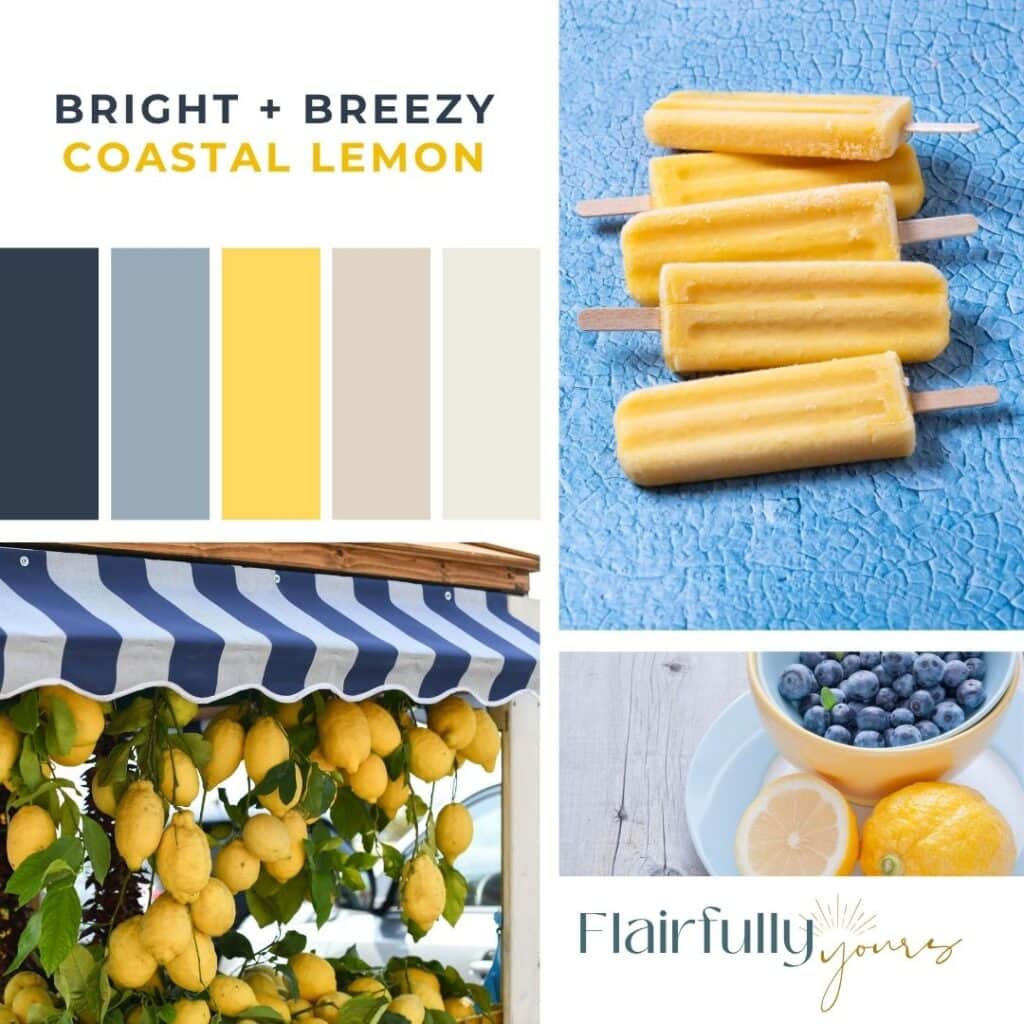 Lemon yellow and coastal blue color palette with navy, light blue, beige, and white swatches, plus images of lemons, popsicles, and nautical stripes, for lemon home decor and summery decor inspiration.
