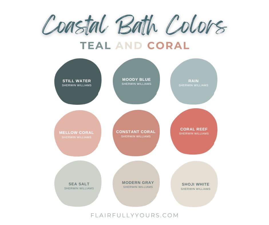Sherwin-Williams paint palette for a coastal bathroom makeover with teal and coral colors.