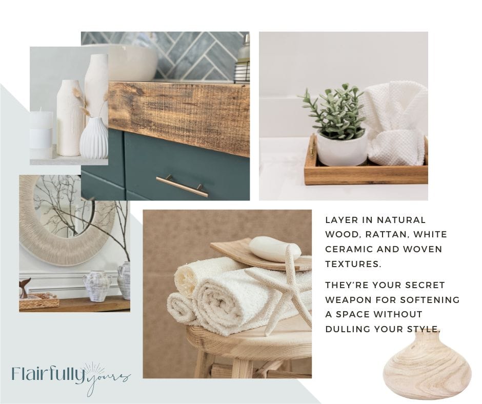 Natural wood, ceramic, and rattan textures layered in a teal and coral coastal bathroom.