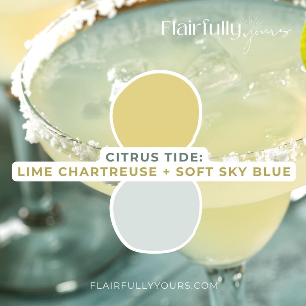 Coastal paint colors Citrus Tide palette with lime chartreuse and soft sky blue, perfect for bright beach houses, lake homes, and breezy interiors.