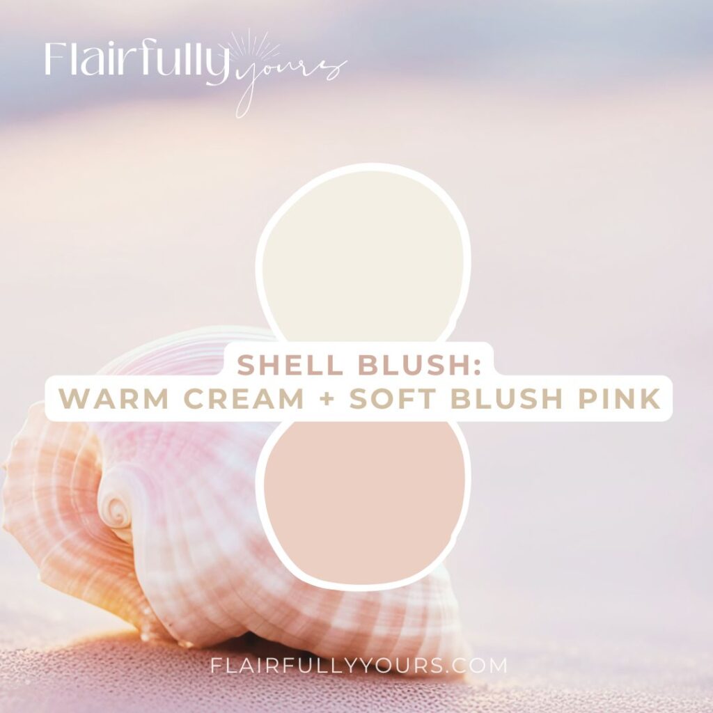 Coastal paint colors Shell Blush palette featuring warm cream and soft blush pink inspired by seashells and coastal sunrise hues.