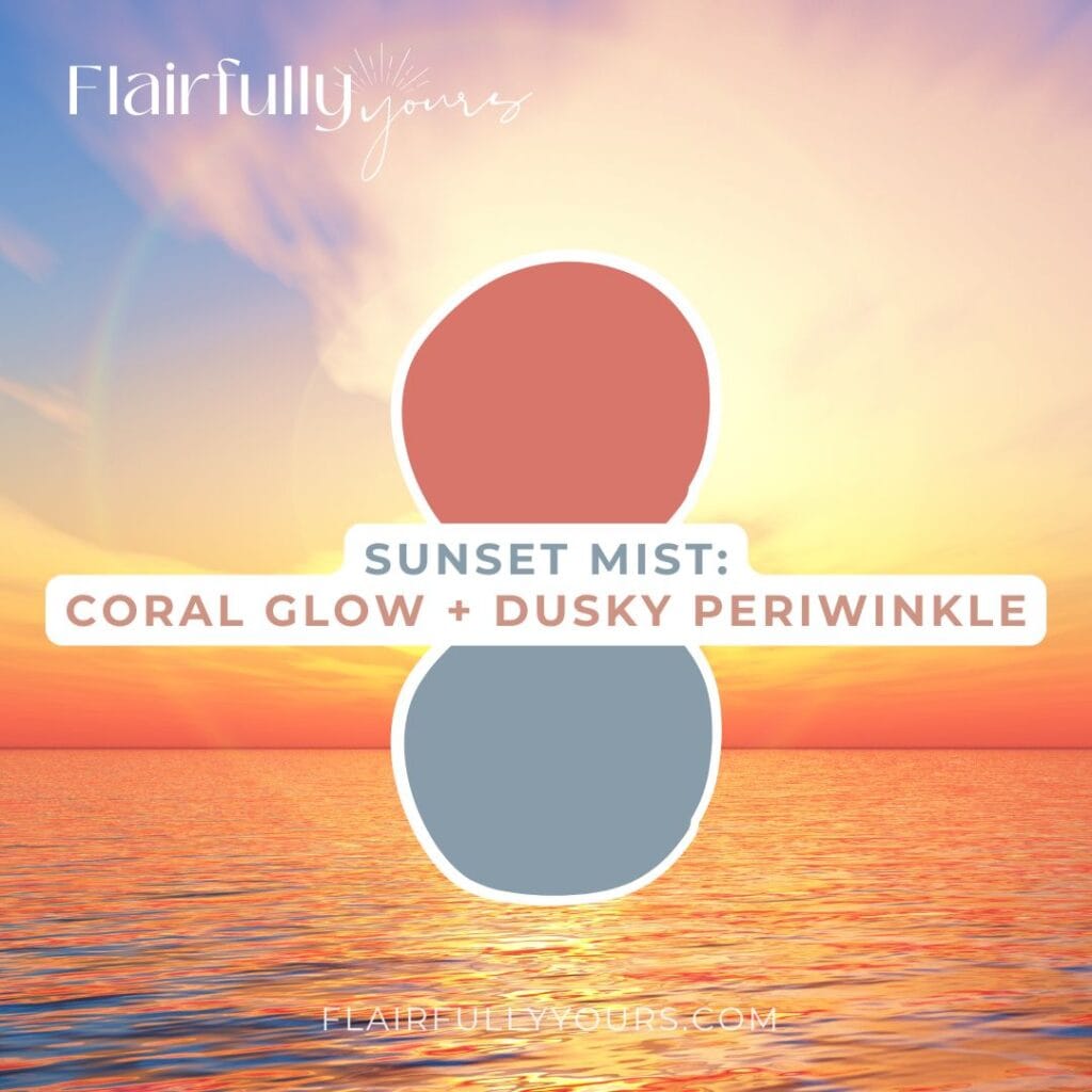 Coastal paint colors Sunset Mist palette with coral glow and dusky periwinkle inspired by vibrant coastal sunsets and twilight skies.