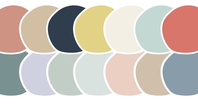 Coastal paint colors feature image showing swatches of seven unique color combos for coastal homes, including coral, teal, chartreuse, lavender, navy, blush pink, and mint tones.