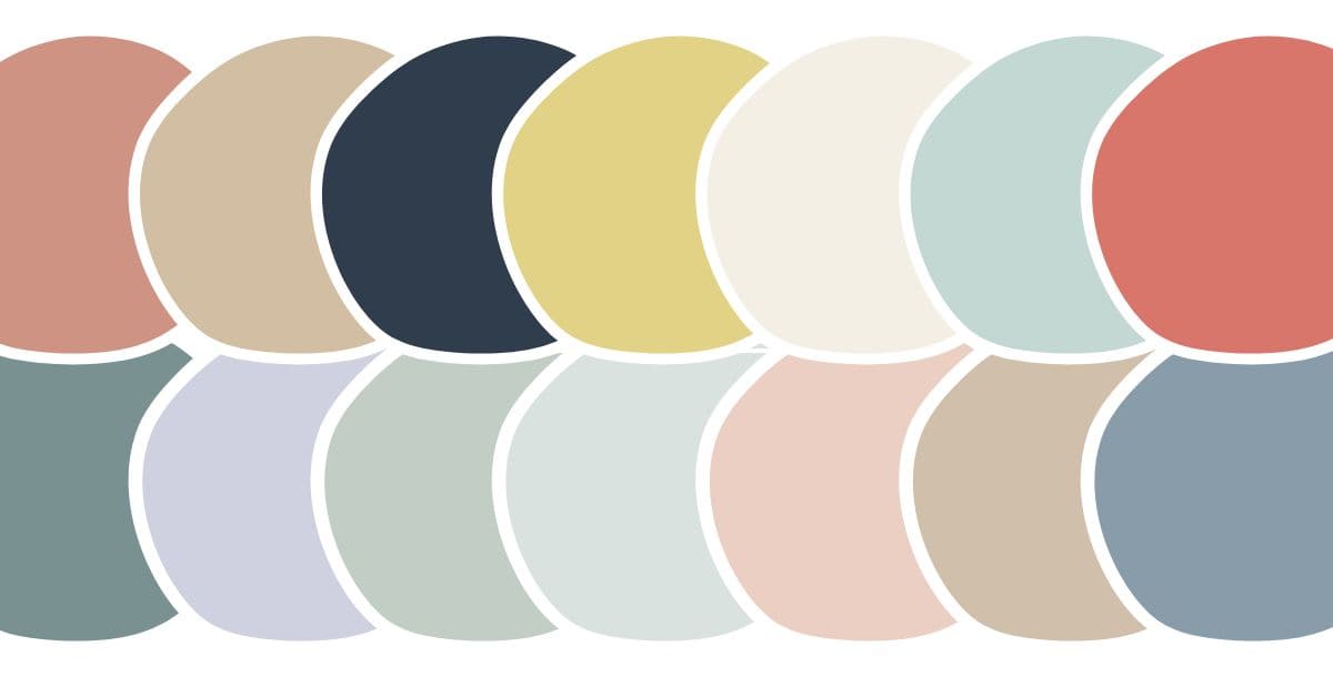 Coastal paint colors feature image showing swatches of seven unique color combos for coastal homes, including coral, teal, chartreuse, lavender, navy, blush pink, and mint tones.