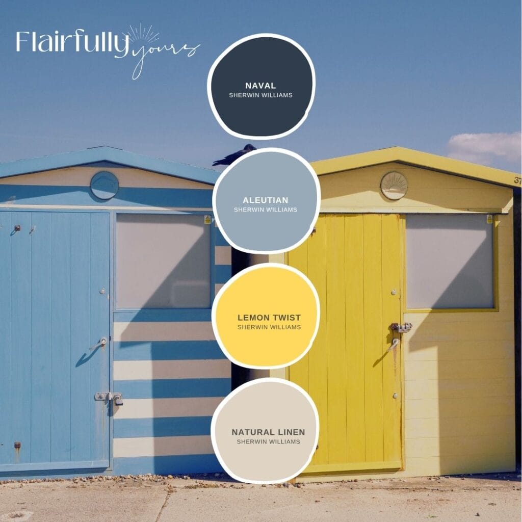 Coastal beach huts painted in lemon yellow and coastal blue with Sherwin Williams color swatches Naval, Aleutian, Lemon Twist, and Natural Linen for lemon decor ideas and summery home decor inspiration.