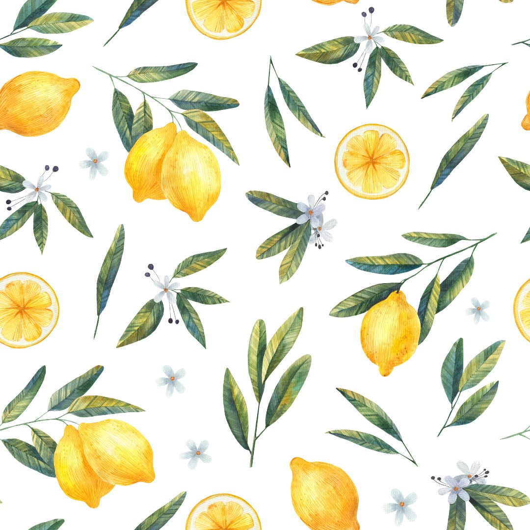 Watercolor lemons, leaves, and flowers on white background for soft lemon wallpaper ideas and summery decor.