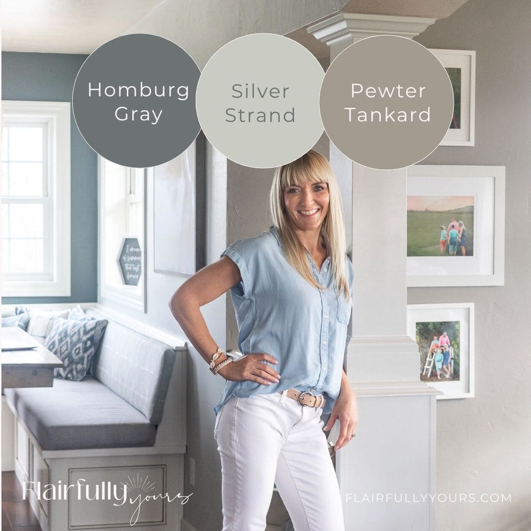 Woman standing in coastal living space painted with Silver Strand, Homburg Gray, and Pewter Tankard by Sherwin Williams
