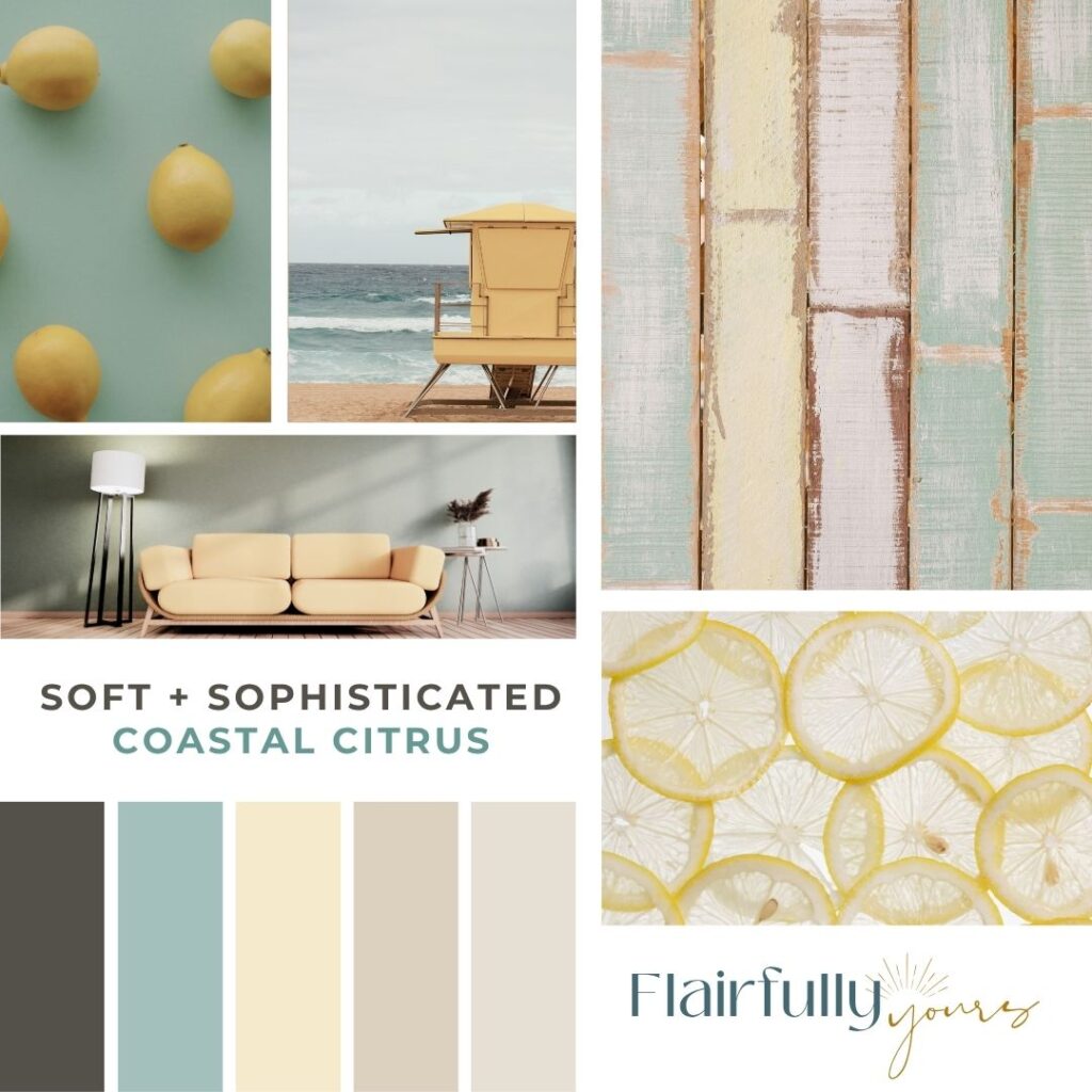 Soft coastal citrus color palette with lemon yellow, aquaverde, driftwood neutrals, and vintage textures, featuring lemons, coastal scenery, distressed wood, and summery lemon decor inspiration.