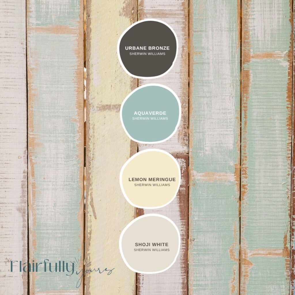 Coastal color palette featuring Sherwin Williams Urbane Bronze, Aquaverde, Lemon Meringue, and Shoji White on distressed wooden boards for soft lemon decor ideas and summery coastal home inspiration.