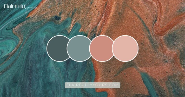 Teal and coral color palette for coastal bathroom makeover on abstract painted background.