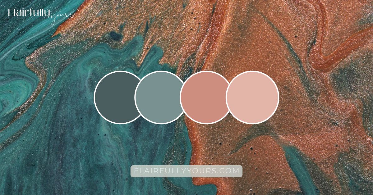 Teal and coral color palette for coastal bathroom makeover on abstract painted background.