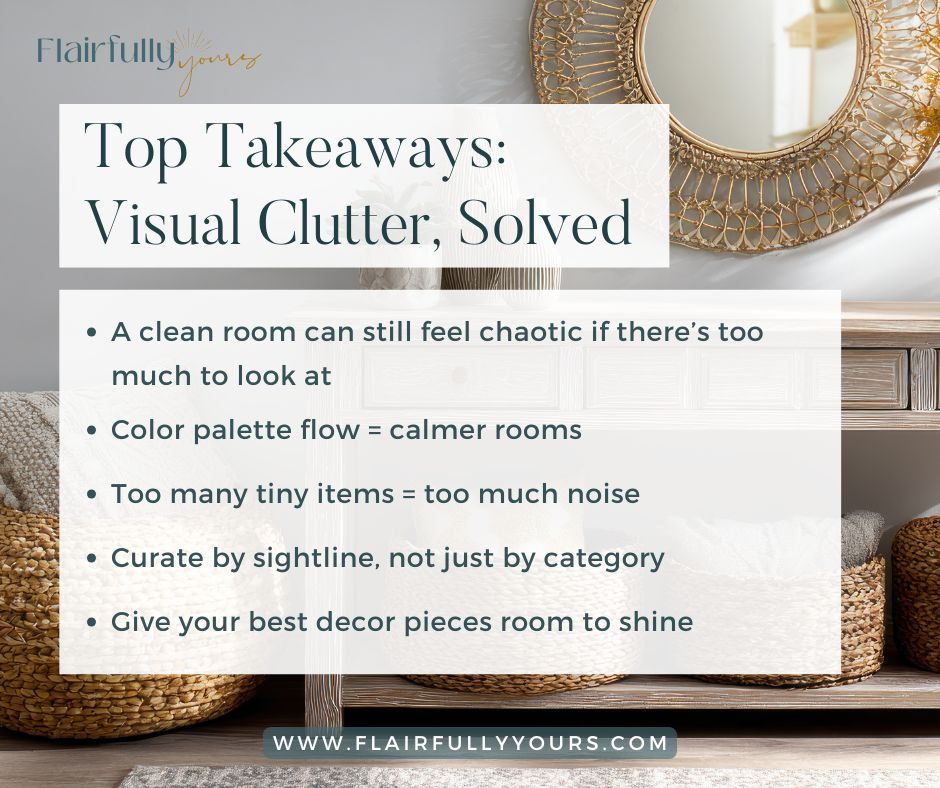 Top visual clutter solutions for coastal homes, including color palette flow, curated decor by sightline, and avoiding too many small items
