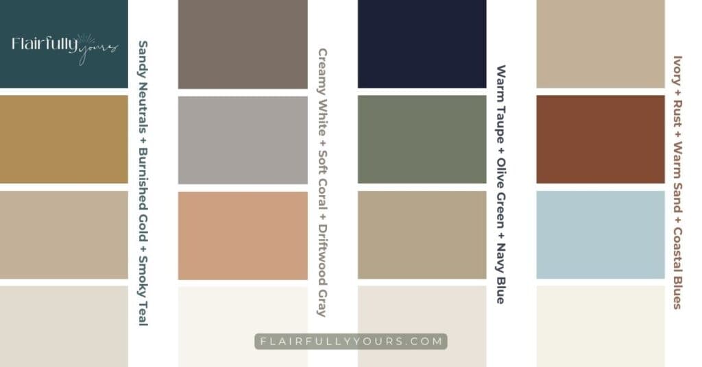 Summary graphic showing 4 fall color palettes designed for coastal-friendly decor, including sandy neutrals, soft coral, olive + navy, and rust with coastal blues.