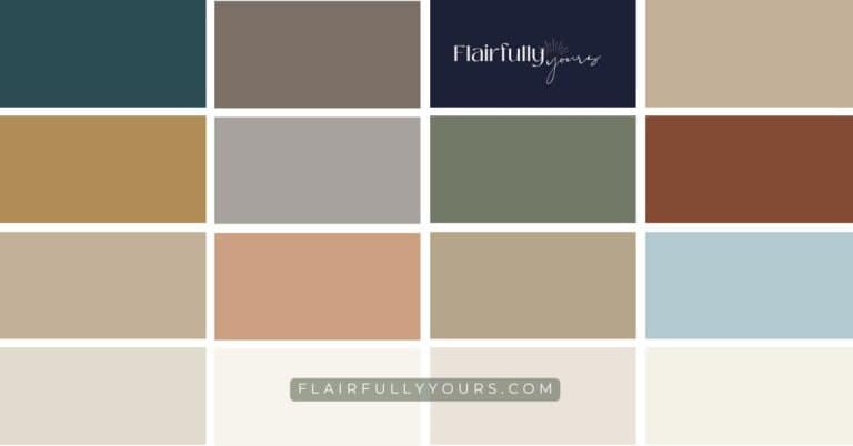 Fall color palette ideas for coastal home decor featuring sandy neutrals, smoky teal, rust, olive, and soft coral — modern seasonal colors that blend with coastal blues.