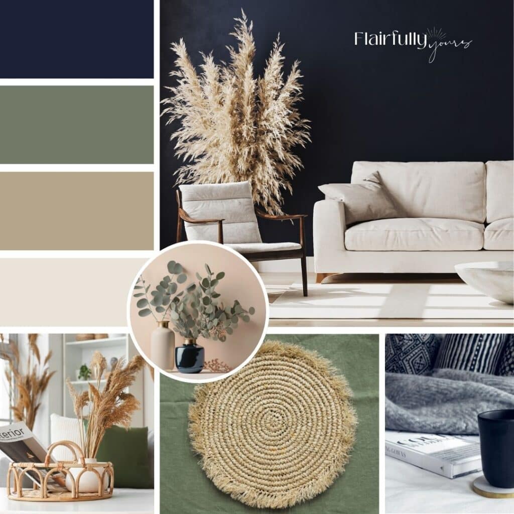 Fall color palette for coastal decor with warm taupe, olive green, and navy blue; moodboard featuring textured throws, pampas grass, and cozy layered accents.