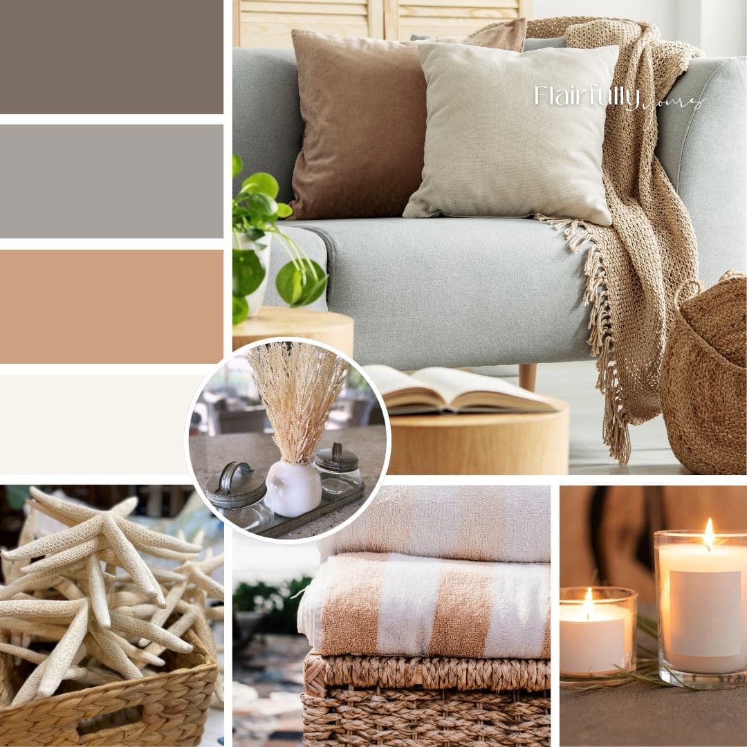 Fall color palette swatches showing creamy white, soft coral, and driftwood gray for coastal-inspired fall home decor.