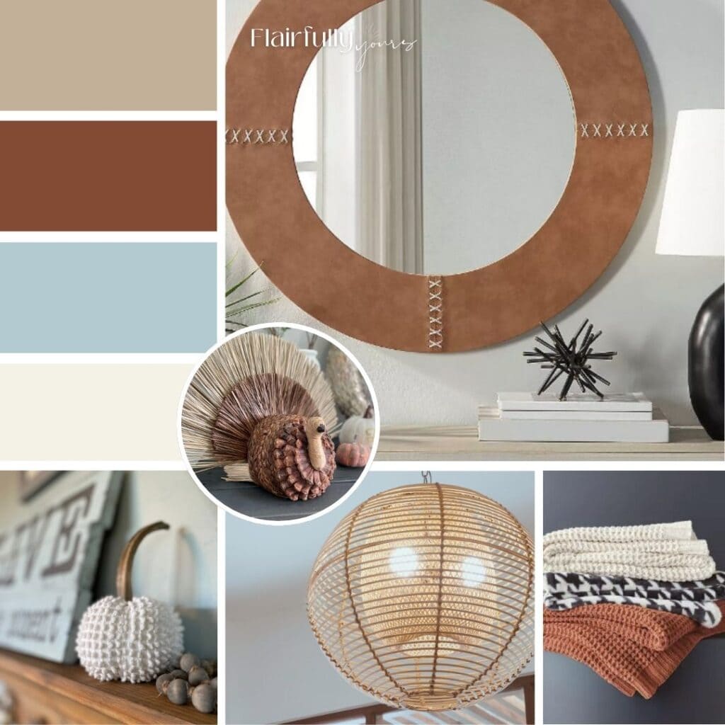 Fall color palette for coastal decor featuring rust, warm sand, ivory, and layered coastal blues; moodboard with woven textures, throws, and modern fall accents.