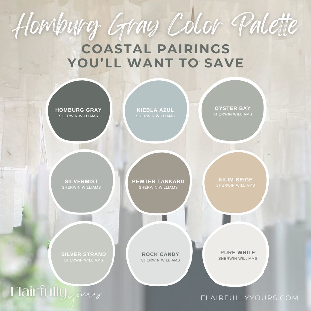 Homburg Gray coastal color palette with Sherwin Williams paint pairings, including moody blue and soft neutral shades: Niebla Azul, Oyster Bay, Silvermist, Pewter Tankard, Kilim Beige, Silver Strand, Rock Candy, and Pure White.